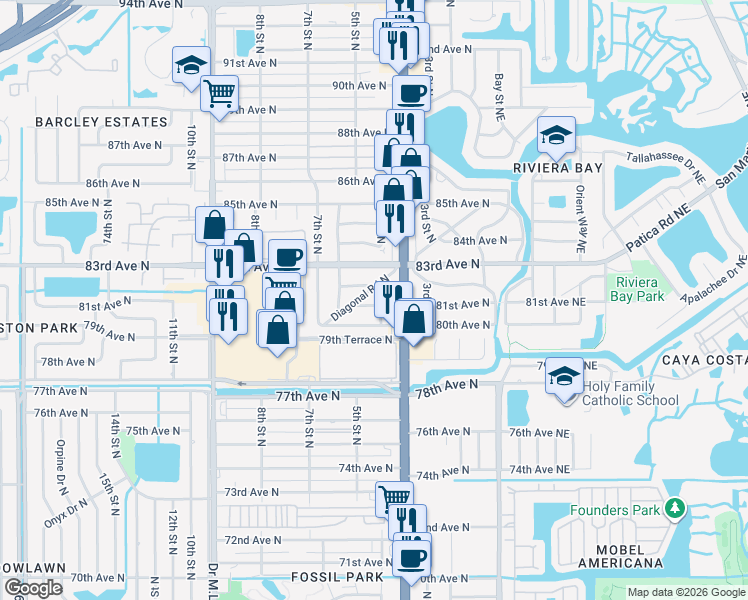 map of restaurants, bars, coffee shops, grocery stores, and more near 8031 5th Street North in St. Petersburg