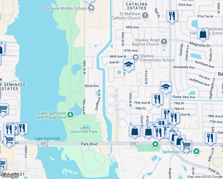 map of restaurants, bars, coffee shops, grocery stores, and more near 112 Fernwood Circle in Seminole