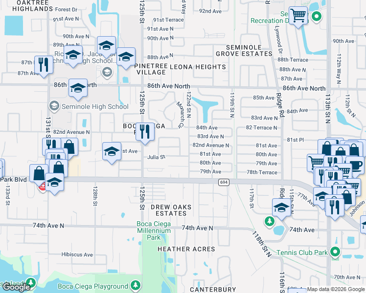 map of restaurants, bars, coffee shops, grocery stores, and more near 12196 82nd Avenue in Seminole
