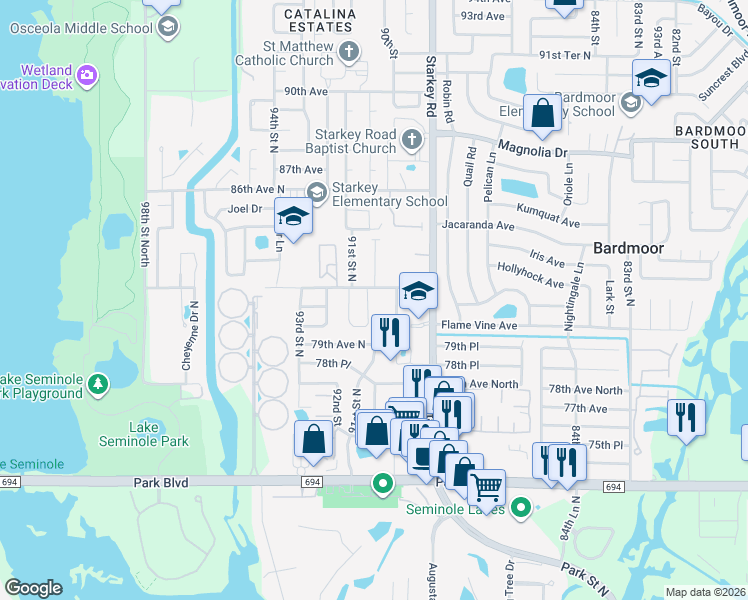 map of restaurants, bars, coffee shops, grocery stores, and more near 8147 Artisan Circle in Seminole