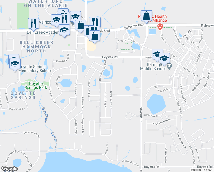 map of restaurants, bars, coffee shops, grocery stores, and more near 10406 Fly Fishing Street in Riverview