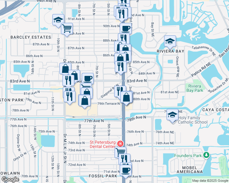 map of restaurants, bars, coffee shops, grocery stores, and more near 8031 5th Street North in St. Petersburg
