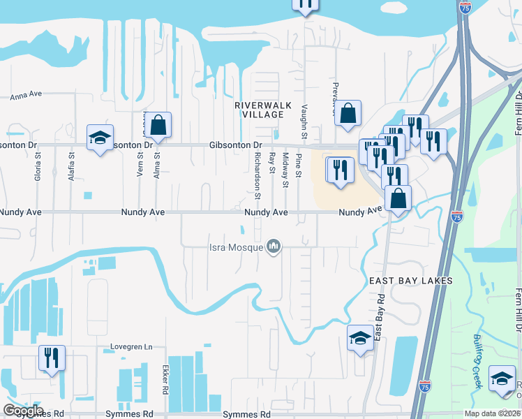 map of restaurants, bars, coffee shops, grocery stores, and more near 10420 Richardson Street in Gibsonton