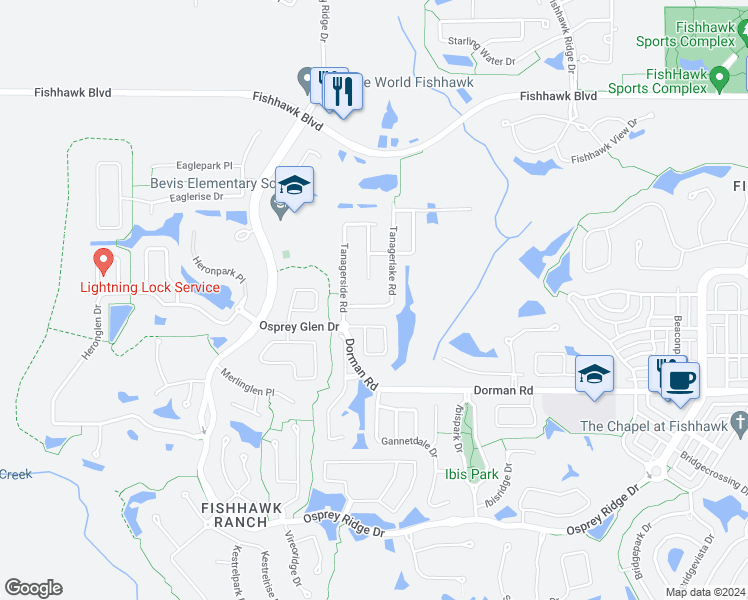 map of restaurants, bars, coffee shops, grocery stores, and more near 5821 Tanagerlake Road in Lithia