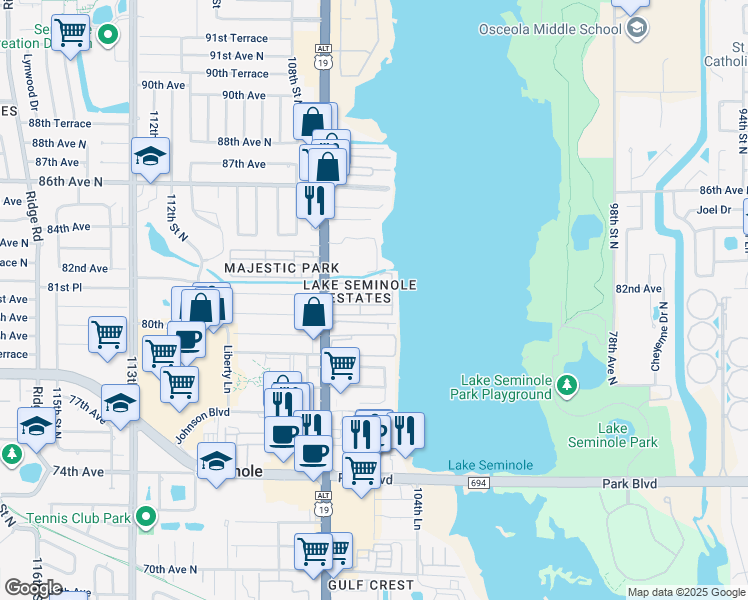 map of restaurants, bars, coffee shops, grocery stores, and more near in Seminole