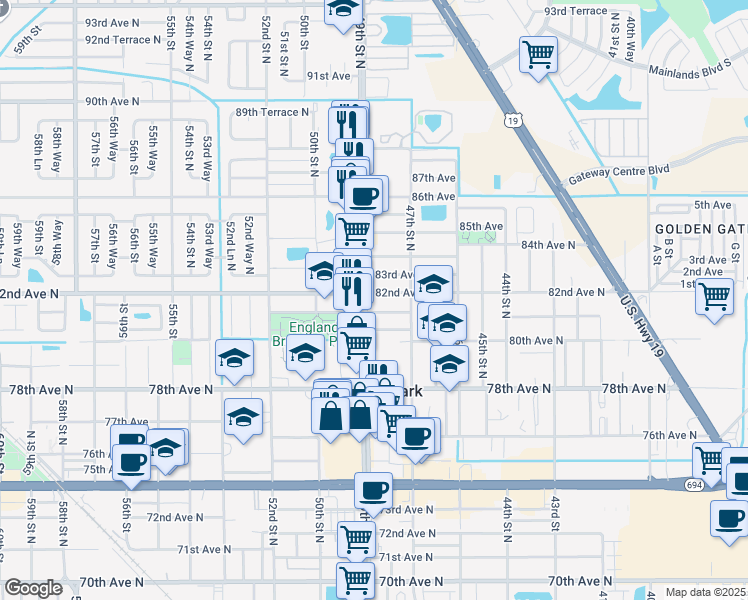 map of restaurants, bars, coffee shops, grocery stores, and more near 4860 82nd Avenue North in Pinellas Park