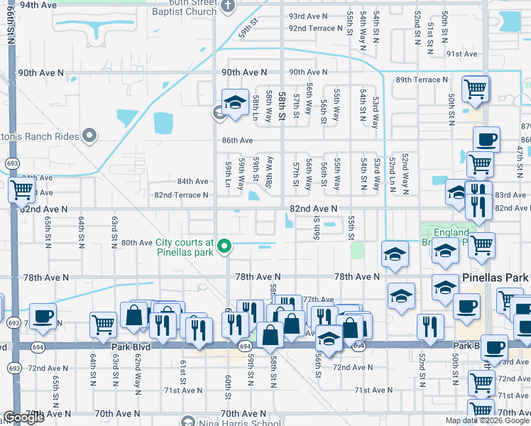 map of restaurants, bars, coffee shops, grocery stores, and more near 5846 82nd Avenue North in Pinellas Park