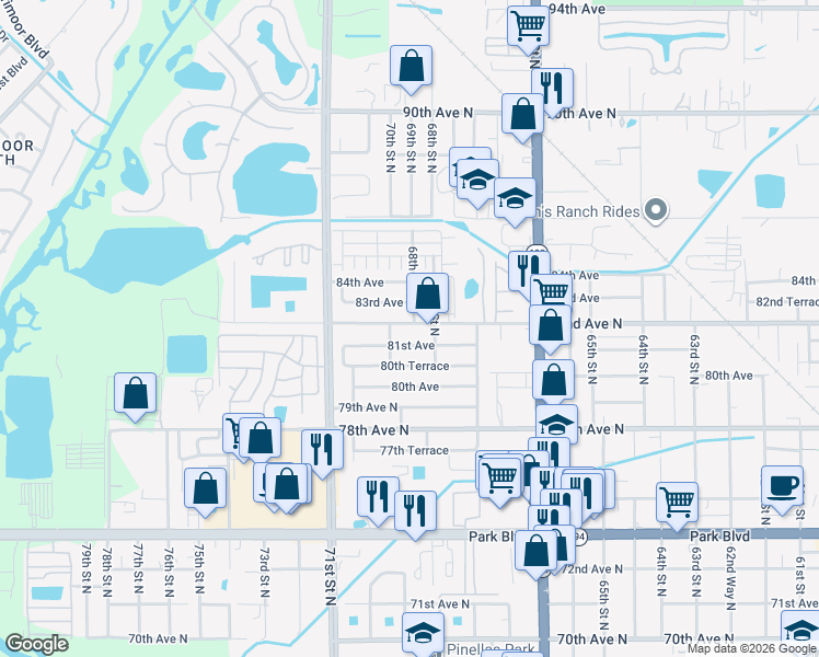 map of restaurants, bars, coffee shops, grocery stores, and more near 6844 82nd Avenue North in Pinellas Park