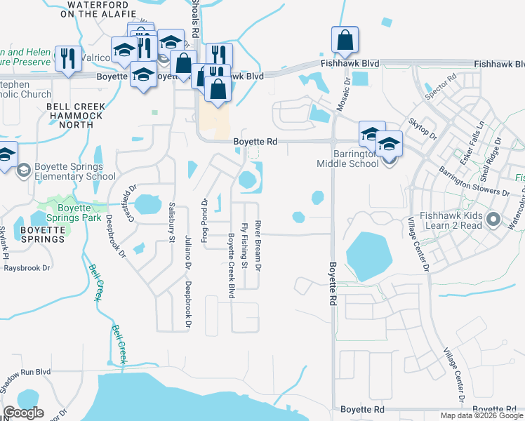 map of restaurants, bars, coffee shops, grocery stores, and more near 10332 River Bream Drive in Riverview