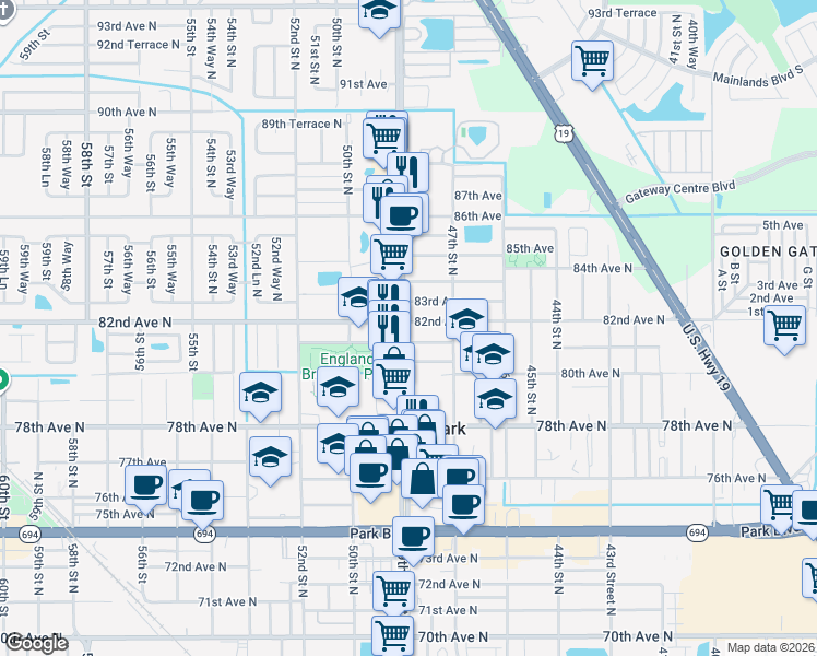 map of restaurants, bars, coffee shops, grocery stores, and more near in Pinellas Park