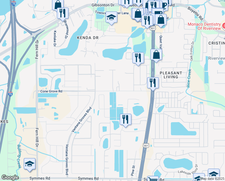 map of restaurants, bars, coffee shops, grocery stores, and more near 10702 Southern Forest Drive in Riverview