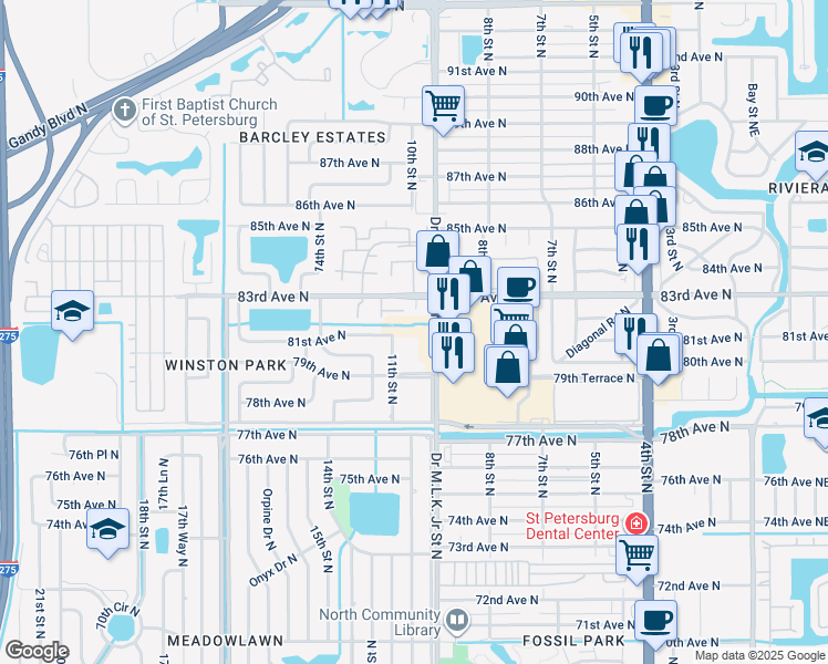 map of restaurants, bars, coffee shops, grocery stores, and more near 124 11th Street North in St. Petersburg