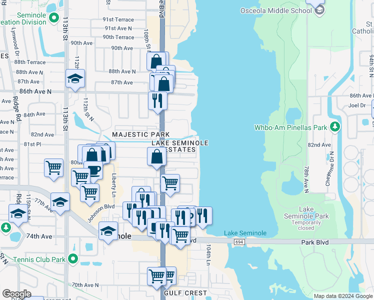 map of restaurants, bars, coffee shops, grocery stores, and more near in Seminole