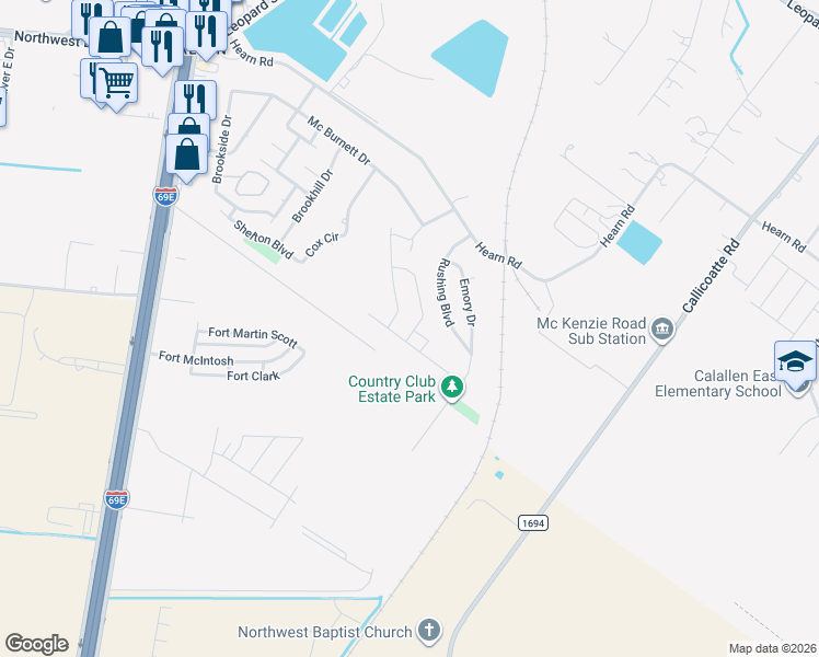 map of restaurants, bars, coffee shops, grocery stores, and more near 3601 Rushing Boulevard in Corpus Christi