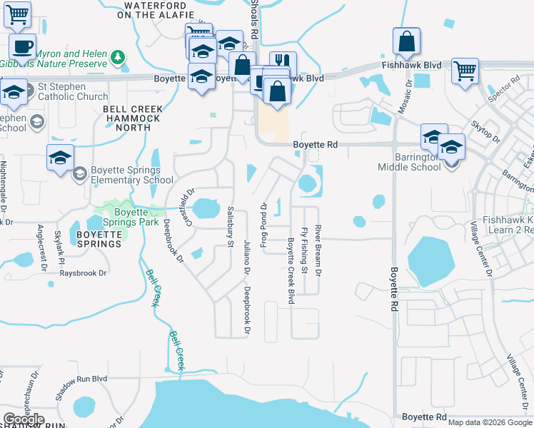 map of restaurants, bars, coffee shops, grocery stores, and more near 10332 Frog Pond Drive in Riverview