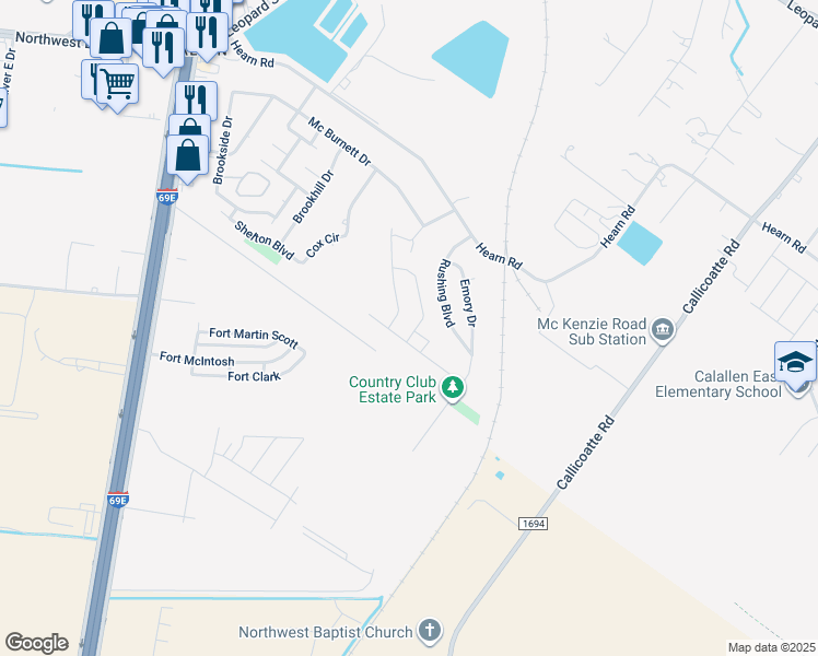 map of restaurants, bars, coffee shops, grocery stores, and more near 3601 Rushing Boulevard in Corpus Christi