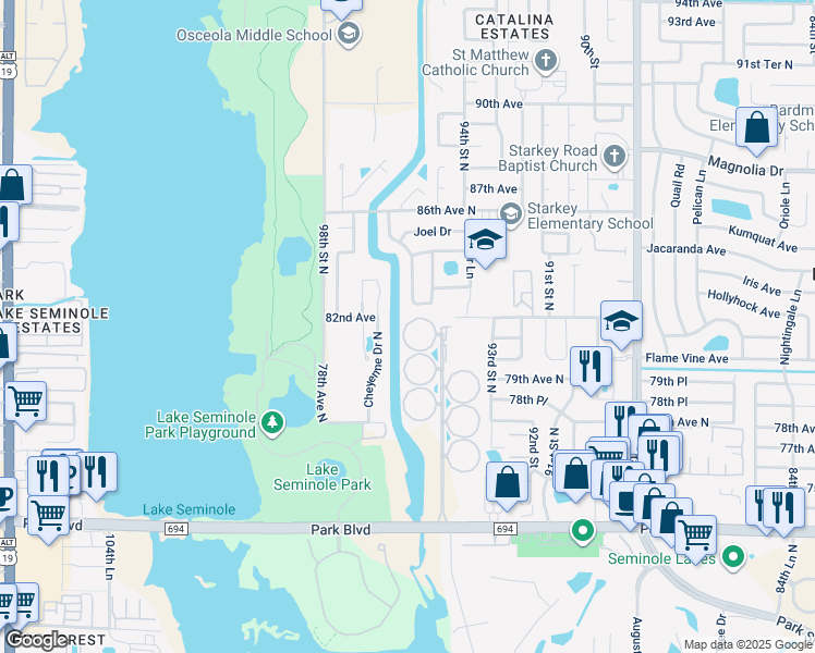 map of restaurants, bars, coffee shops, grocery stores, and more near 112 Fernwood Circle in Seminole
