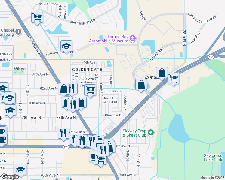 map of restaurants, bars, coffee shops, grocery stores, and more near 34525 Violet Drive in Pinellas Park
