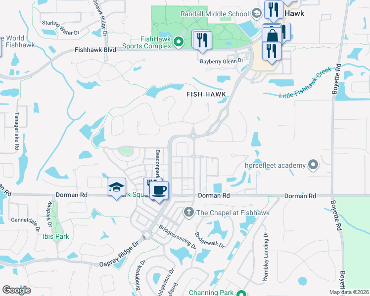 map of restaurants, bars, coffee shops, grocery stores, and more near 16232 Palmettoglen Court in Lithia