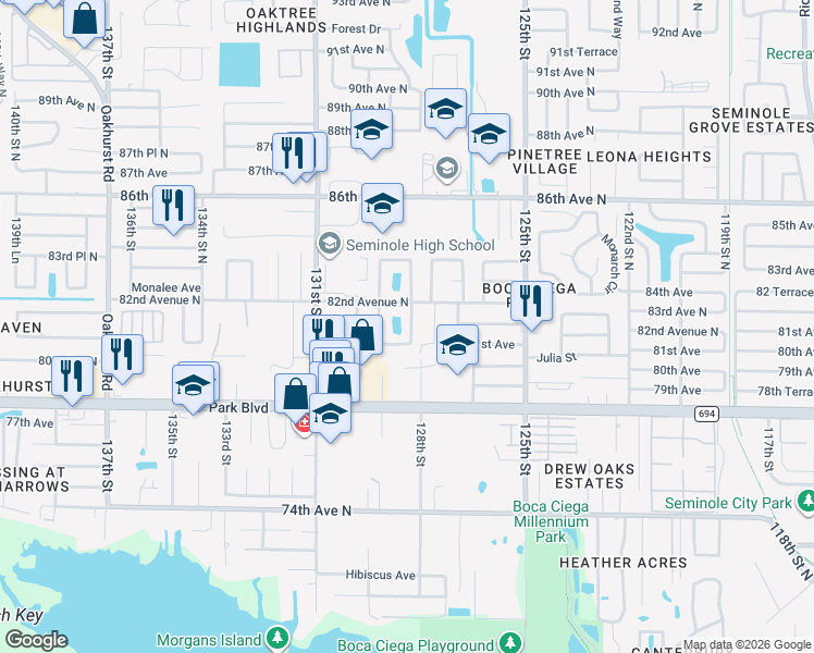 map of restaurants, bars, coffee shops, grocery stores, and more near 8168 129th Street North in Seminole