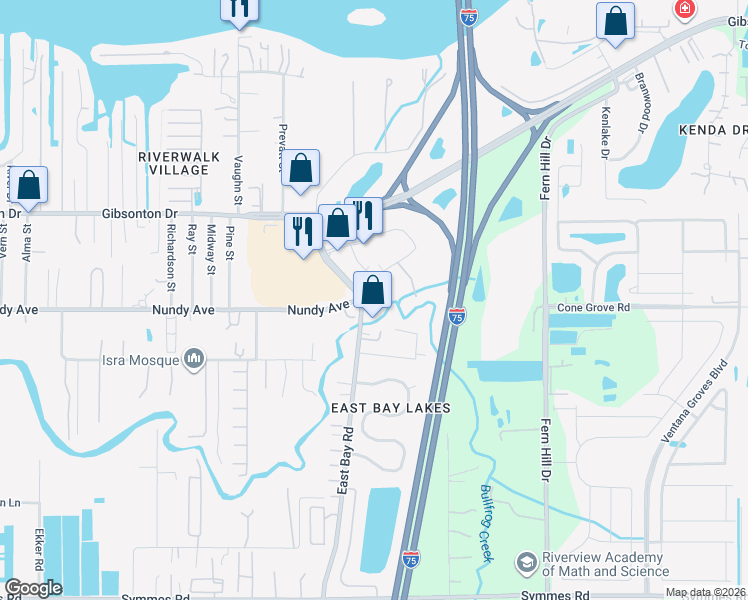 map of restaurants, bars, coffee shops, grocery stores, and more near 9427 Bullfrog Court in Gibsonton