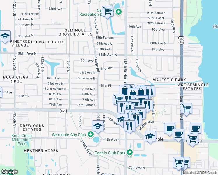 map of restaurants, bars, coffee shops, grocery stores, and more near 8065 115th Street North in Seminole