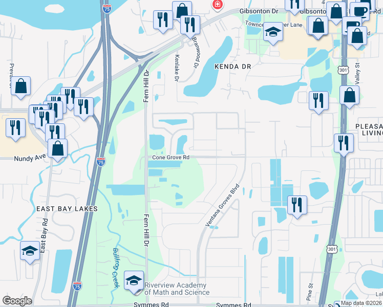 map of restaurants, bars, coffee shops, grocery stores, and more near 10604 Strawberry Tetra Drive in Riverview