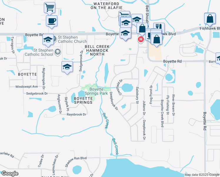map of restaurants, bars, coffee shops, grocery stores, and more near 10423-10425 Deepbrook Drive in Riverview
