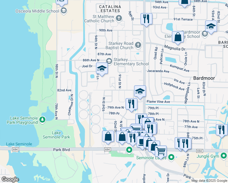 map of restaurants, bars, coffee shops, grocery stores, and more near 8665 92nd Street North in Seminole
