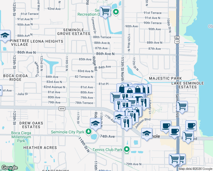 map of restaurants, bars, coffee shops, grocery stores, and more near 8065 115th Street North in Seminole
