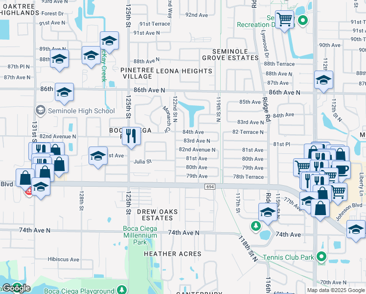 map of restaurants, bars, coffee shops, grocery stores, and more near 12196 82nd Avenue in Seminole