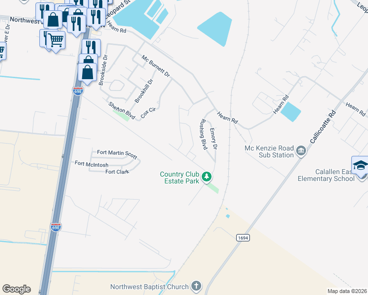 map of restaurants, bars, coffee shops, grocery stores, and more near 3601 Rushing Boulevard in Corpus Christi