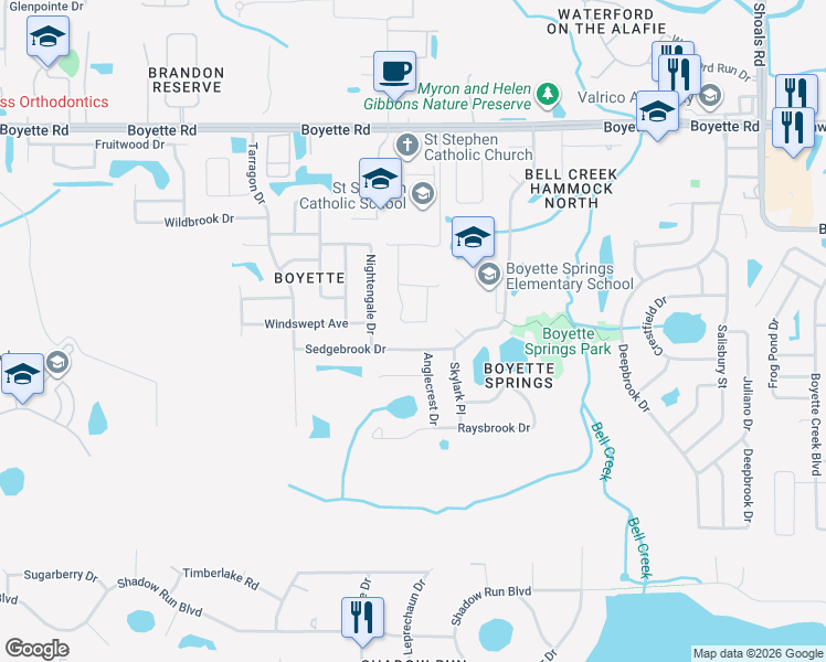 map of restaurants, bars, coffee shops, grocery stores, and more near 10551 Tranquil Meadow Loop in Riverview