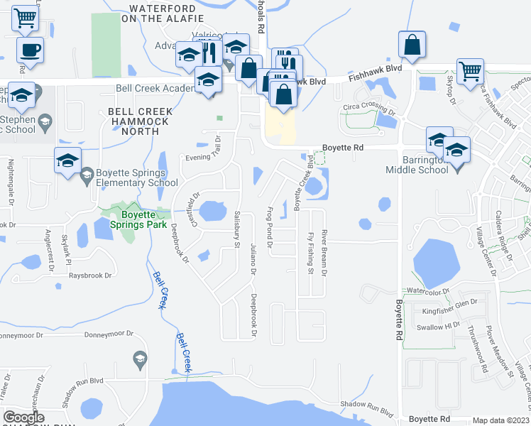 map of restaurants, bars, coffee shops, grocery stores, and more near 10329 Frog Pond Drive in Riverview