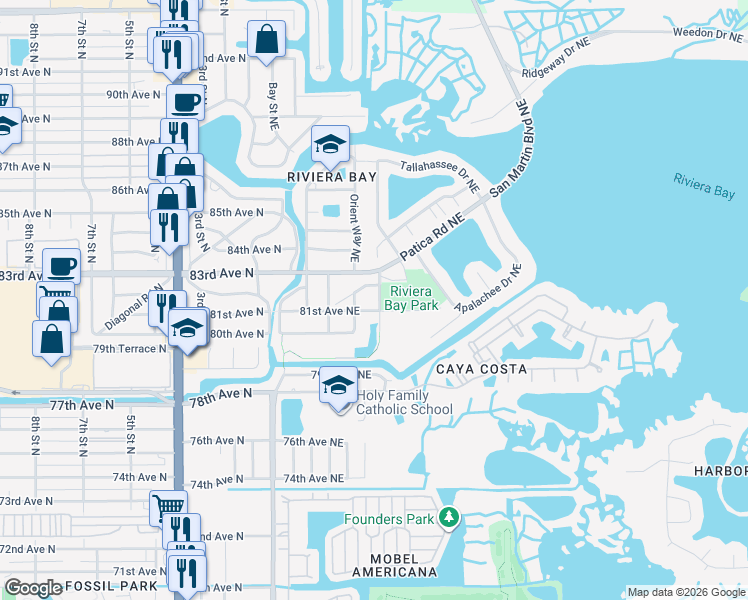 map of restaurants, bars, coffee shops, grocery stores, and more near 8096 Macoma Drive Northeast in St. Petersburg