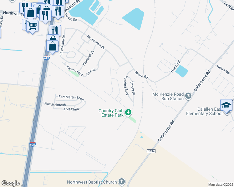 map of restaurants, bars, coffee shops, grocery stores, and more near 3601 Rushing Boulevard in Corpus Christi