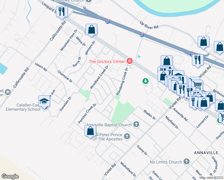 map of restaurants, bars, coffee shops, grocery stores, and more near 11614 Coleta Creek Drive in Corpus Christi