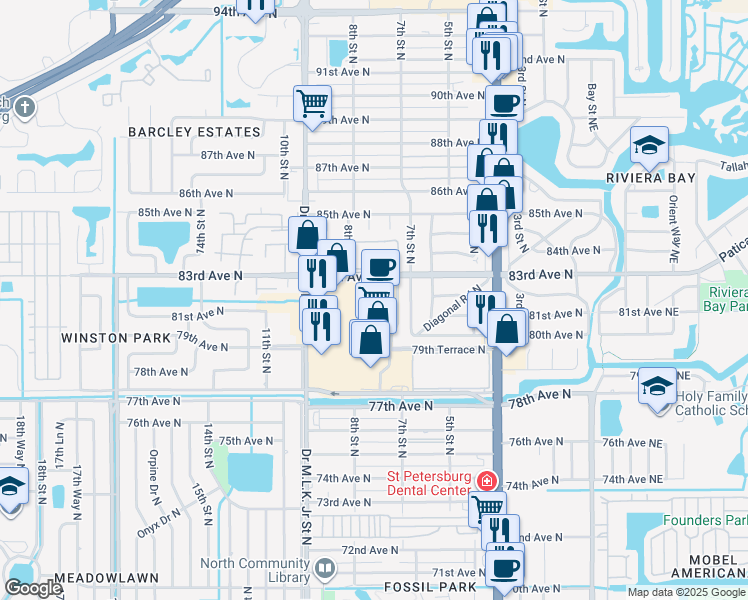 map of restaurants, bars, coffee shops, grocery stores, and more near 8151 Doctor Martin Luther King Junior Street North in St. Petersburg