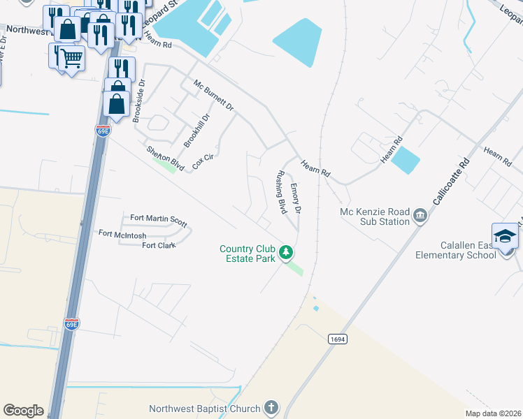 map of restaurants, bars, coffee shops, grocery stores, and more near 3601 Rushing Boulevard in Corpus Christi