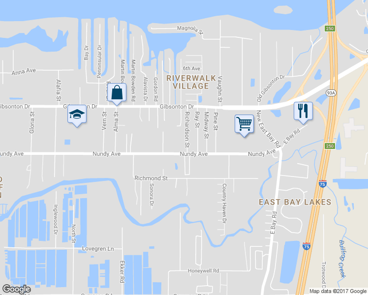 map of restaurants, bars, coffee shops, grocery stores, and more near 10420 Richardson Street in Gibsonton