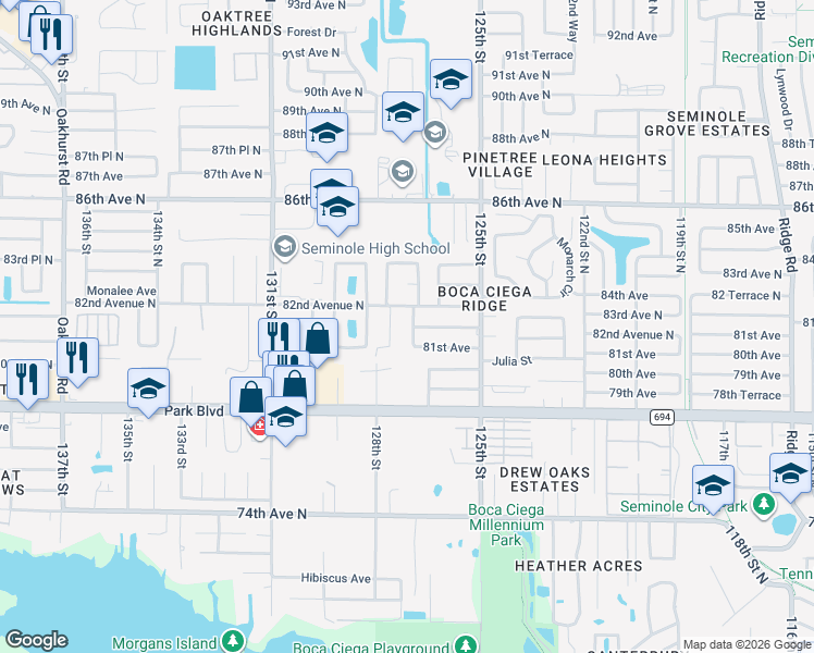 map of restaurants, bars, coffee shops, grocery stores, and more near 8133 128th Street in Seminole