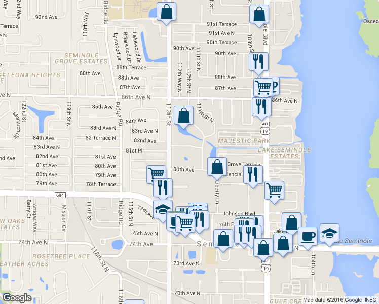 map of restaurants, bars, coffee shops, grocery stores, and more near 11201 80th Avenue in Seminole