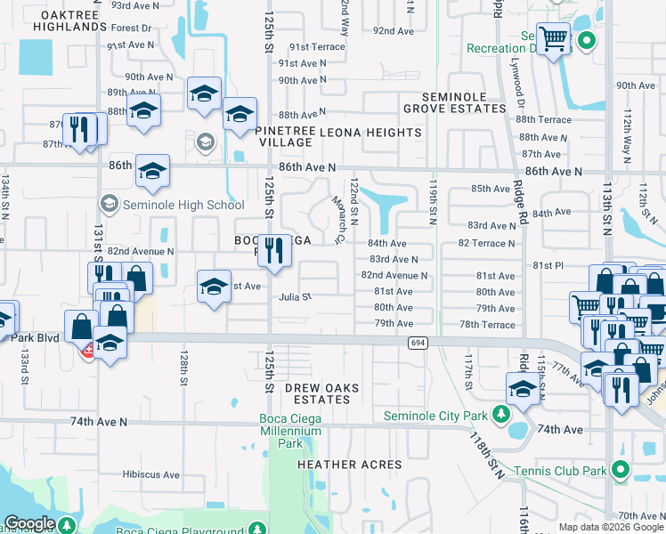 map of restaurants, bars, coffee shops, grocery stores, and more near 12314 83rd Avenue North in Seminole