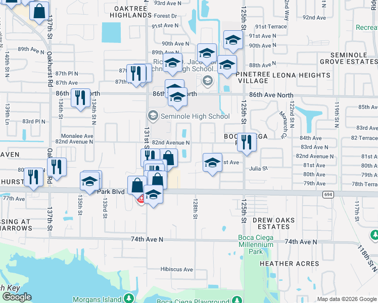 map of restaurants, bars, coffee shops, grocery stores, and more near 8176 129th Street North in Seminole