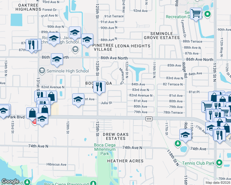 map of restaurants, bars, coffee shops, grocery stores, and more near 12352 83rd Avenue in Seminole