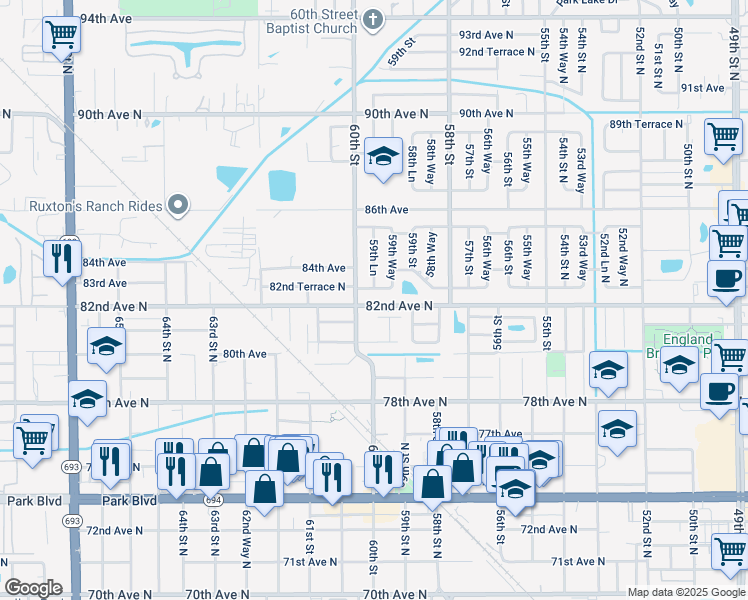 map of restaurants, bars, coffee shops, grocery stores, and more near 8105 60th Street in Pinellas Park