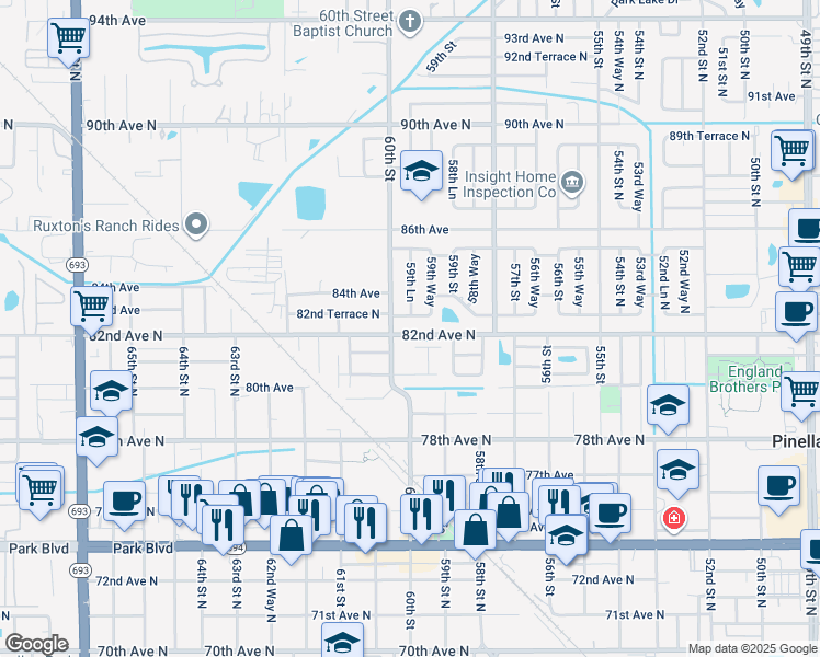 map of restaurants, bars, coffee shops, grocery stores, and more near 8105 60th Street in Pinellas Park