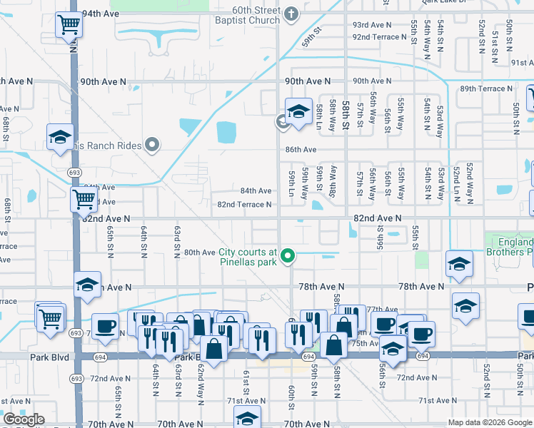 map of restaurants, bars, coffee shops, grocery stores, and more near 6051 81st Terrace North in Pinellas Park