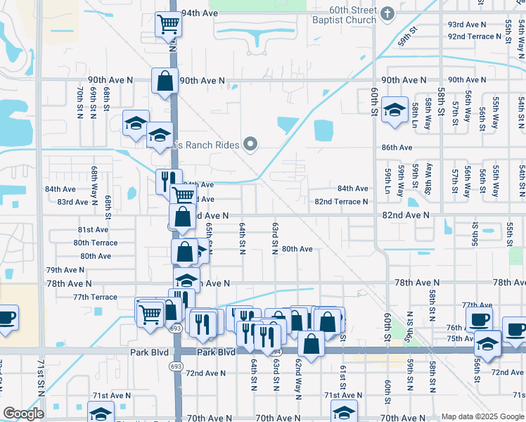 map of restaurants, bars, coffee shops, grocery stores, and more near 6352 82nd Avenue North in Pinellas Park