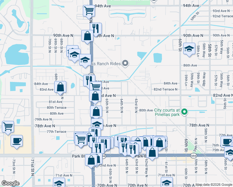 map of restaurants, bars, coffee shops, grocery stores, and more near 6454 82nd Avenue North in Pinellas Park
